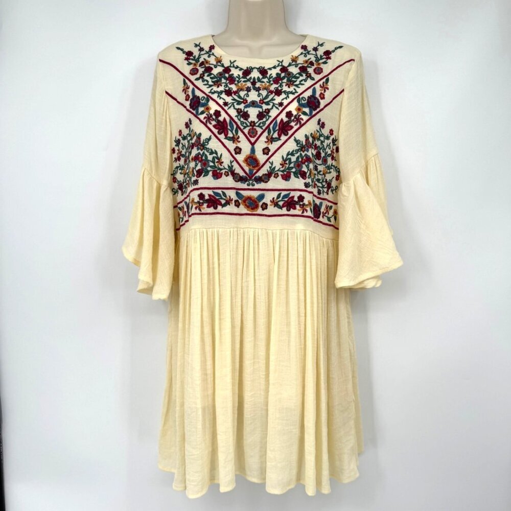 Umgee USA Cream Floral Embroidered Ruffle Sleeve Boho Dress Womens size Large cr
